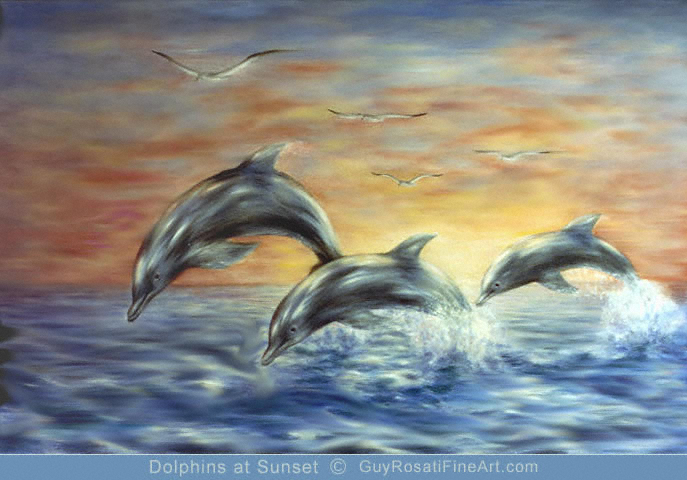 fine art canvas print for sale edition of dolphins family jumping out of water with sunset background