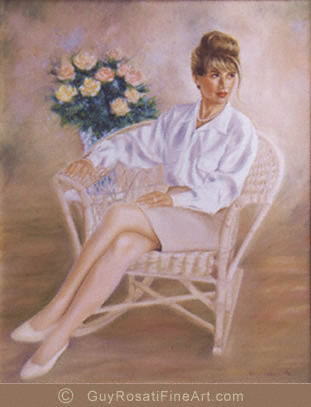 Fine Art portrait painting by artist Guy Rosati of lady with flowers sitting, painted in soft colors style