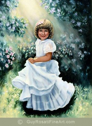 Fine Art portrait painting by artist Guy Rosati of girl in garden, with strong lighting in landscape background