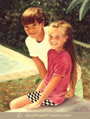 Fine Art portrait painting of boy and girl in garden by artist Guy Rosati