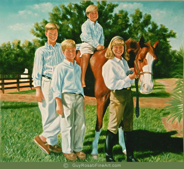 portrait painting of brothers and sister with horse by artist Guy Rosati