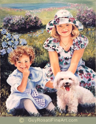 portrait painting of young girls with dog by artist Guy Rosati
